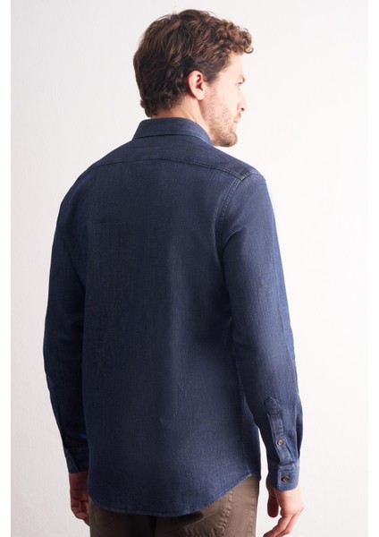 Lacivert - Beyaz Uzun Kol Düğmeli Yaka Kendinden Desenli %100 Pamuk Slim Fit Gömlek 1004255199 indirimleri