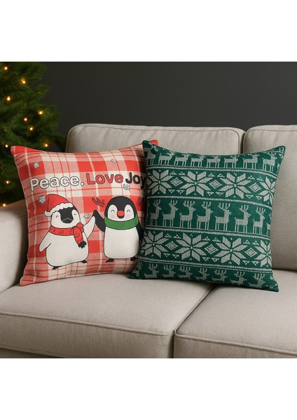 Yılbaşı Temalı 2'i Kadife Kırlent Kılıfı 43X43 cm Nakış Görünümlü Set Dijital Baskılı modelleri