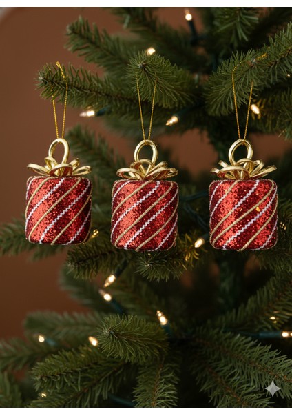 3 Adet Yılbaşı Ağacı Silindir Hediye Paketi Süsü (10 Cm) - Kırmızı Pullu Lüks Dekorasyon Seti (Özel Pvc Kutulu)