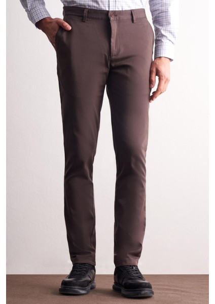 Koyu Kahverengi Yan Cep Düz Paça Pamuklu Slim Fit Chino Casual Pantolon 1003255165