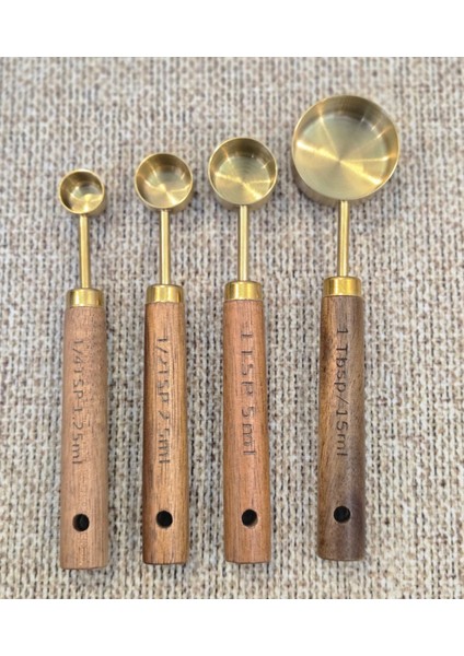 4 Adet Gold Paslanmaz Çelik Ahşap Saplı Ölçü Kaşığı Seti Ölçü Kabı 1.25ML 2.5ml 5ml 15ML