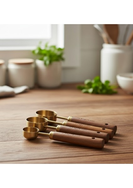 4 Adet Gold Paslanmaz Çelik Ahşap Saplı Ölçü Kaşığı Seti Ölçü Kabı 1.25ML 2.5ml 5ml 15ML modelleri