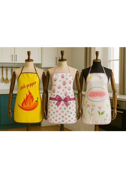 3'lü Avantajlı Mutfak Önlüğü Sıvı Geçirmez Dijital Baskılı Önlük