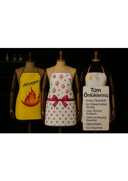 3'lü Avantajlı Mutfak Önlüğü Sıvı Geçirmez Dijital Baskılı Önlük modelleri