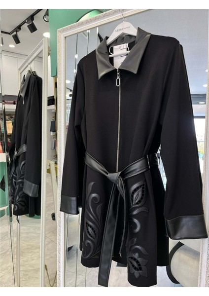 Hale Jardin Deri Detaylı Ceket - Siyah - 2