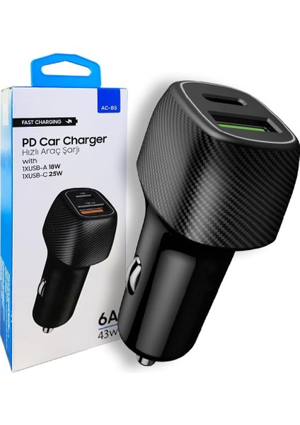 Ac-85 Pd Charge 3.0 Usbx2 6A 38 Watt Araç Içi Hızlı Şarj Aleti Type C Girişli Araç Şarjı, Destomedya