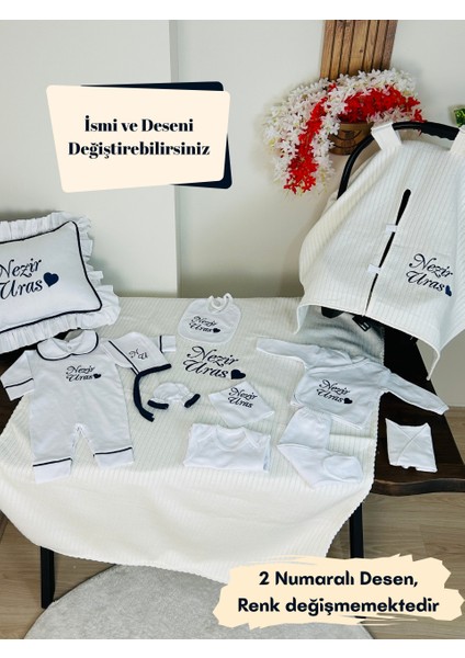 Isimli Hastane Çıkış Seti, Takı Yastığı ve Puset Örtüsü %100 Pamuk 12 Parça 0-3 Ay Nakışlı