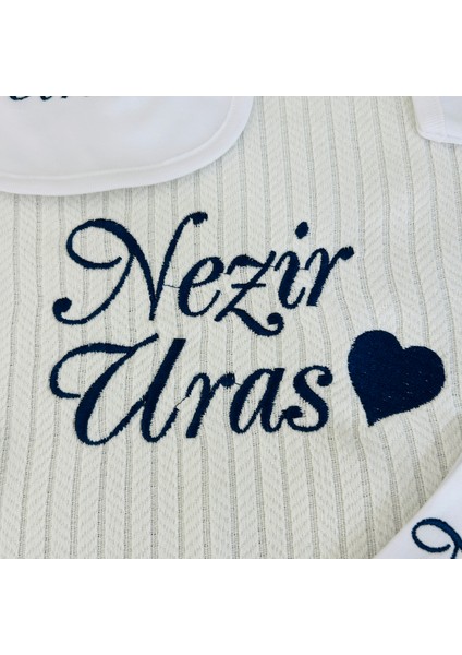 Isimli Hastane Çıkış Seti, Takı Yastığı ve Puset Örtüsü %100 Pamuk 12 Parça 0-3 Ay Nakışlı