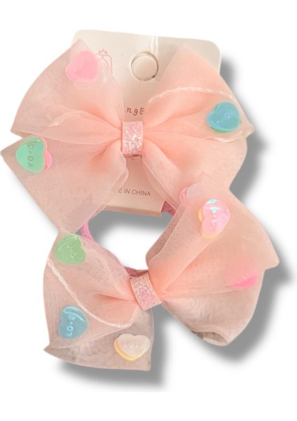 Üzeri Pul Kalp Süslemeli Saten Fiyonk Model Karışık Renk Çiftli Kız Çocuk Lastik Toka 2li Set