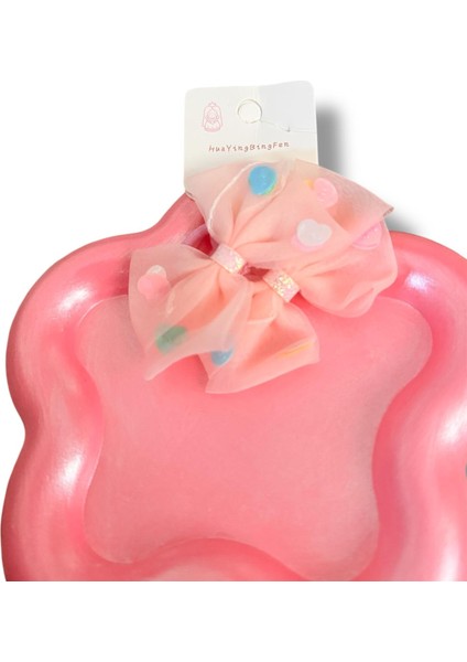 Üzeri Pul Kalp Süslemeli Saten Fiyonk Model Karışık Renk Çiftli Kız Çocuk Lastik Toka 2li Set modelleri