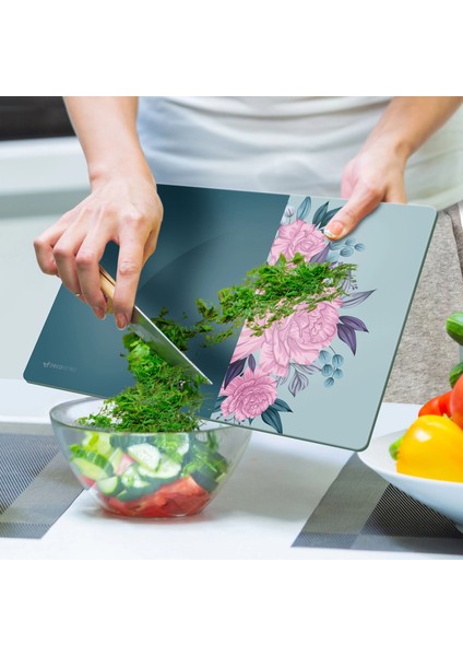 Cam Kesme Tahtası ve Sunumluk Vintage Turkuaz Pembe Güller 20X30 cm indirimleri