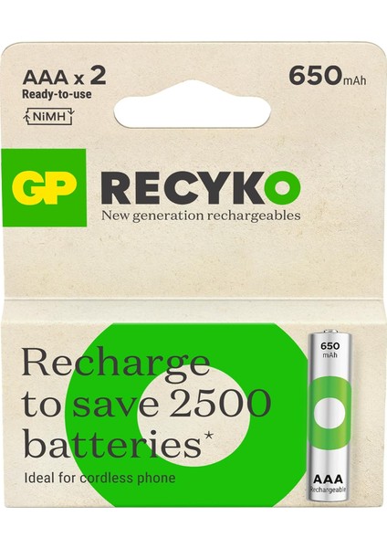 Gp Batteries Recyko 650 Aaa Ince Kalem Ni-Mh Şarjlı Pil, 1.2 Volt, 2'li Kart