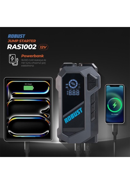 Jump Starter Taşınabilir Akü Takviye Cihazı 16000MAH 4in1 Hava Kompressörü Powerbank El Feneri modelleri