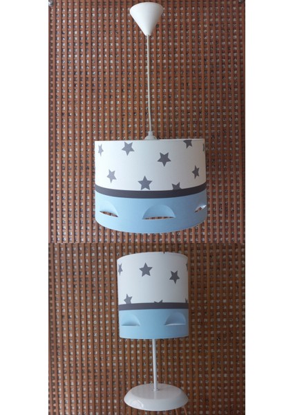 Beyaz Yıldızlı Mavi Motifli 2.li Set M-0404 Kumaş Kaplama Genç ve Çocuk Odası Avize ve Abajur Takımı