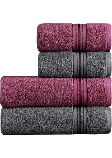 Molly Çift Renk Havlusu, 4'lü Paket 2 Parça (70X135),2 Parça (50X85) Yumuşak ve Emici, Kaliteli Günlük Kullanıma UYGUN%100 Pamuk Havlu(Mürdüm-Gri)