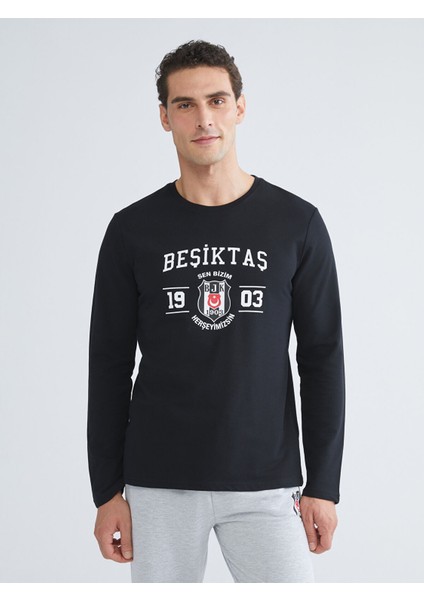 Yeni Sezon Bisiklet Yaka Uzun Kollu Beşiktaş Baskılı Erkek Pijama Üst