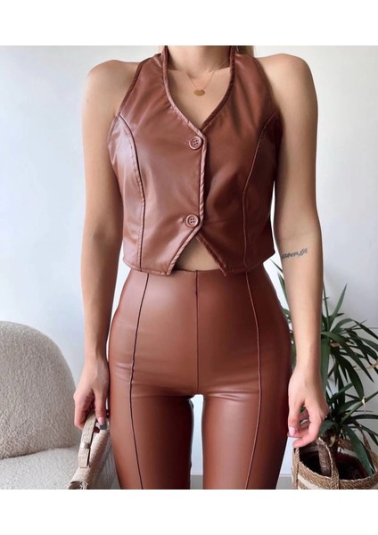 Yzlal Iki Düğmeli Deri Yelek Kahve S243001 (Beden: S)