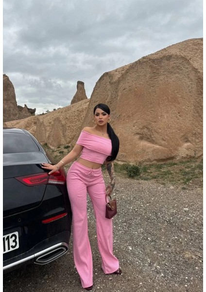 Yzlal Madonna Yaka Bol Paça Pantolonlu Takım Pembe (Beden: S)