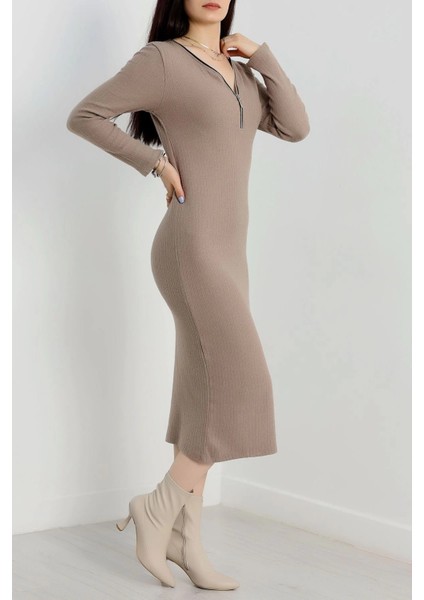 Sptrns Fermuar Detaylı Fitilli Şardonlu Elbise Bej A3178 (Beden: Standart) modelleri