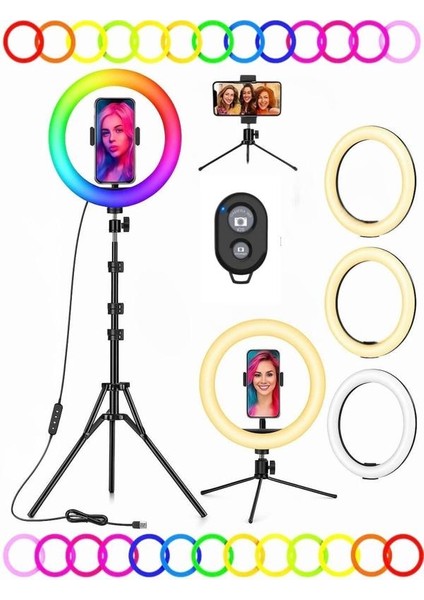 10 Inç LED Ring Light 26 cm Youtuber Makyaj Selfie Video Işığı 2.1m Tripodlu Telefon Tutucu