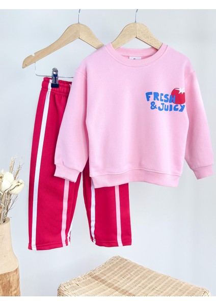 Kız Çocuk Pamuklu Pembe Baskılı Sweat & Kırmızı Eşofman Altı Takımı – Şerit Detaylı fiyatları