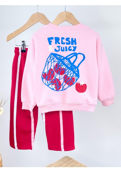 Kız Çocuk Pamuklu Pembe Baskılı Sweat & Kırmızı Eşofman Altı Takımı – Şerit Detaylı fırsatları