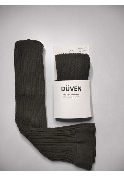 Yumuşacık Dokusu Klasik Örgü Deseniyle Kalın Kışlık Haki Rengi Dizaltı Çorap