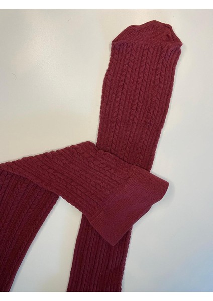 Knıt Kabartma Triko 200 Den Örgü Desenli Kalın Kışlık Bordo Burgundy Dizaltı Pantolon Çorabı fırsatları