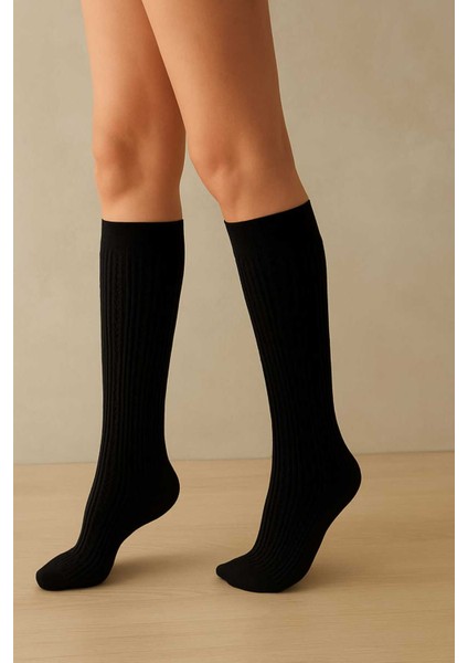 Kadın Örgü Desenli Kışlık 200 Den Knıt Siyah Dizaltı Çorap fiyatları