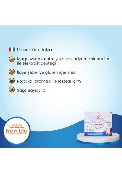 New Life Minerlyte - Magnezyum Sitrat - Potasyum - Sodyum - B6 ve B12 Vitamini - Elektrolit Çözeltisi - 12 Saşe