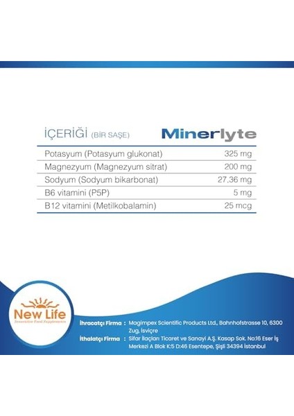 New Life Minerlyte - Magnezyum Sitrat - Potasyum - Sodyum - B6 ve B12 Vitamini - Elektrolit Çözeltisi - 12 Saşe fiyatları
