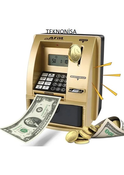 Şifreli Kumbara Atm Şekilli Kasa Hesap Makinesi Sesli Komut LCD Ekran Saat Takvim Alarm