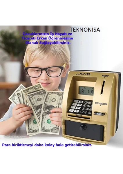 Şifreli Kumbara Atm Şekilli Kasa Hesap Makinesi Sesli Komut LCD Ekran Saat Takvim Alarm modelleri