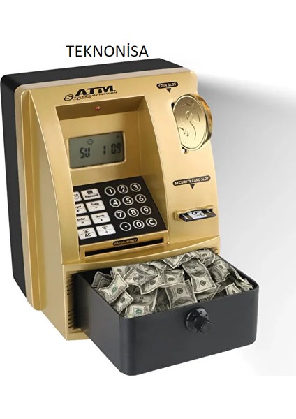 Şifreli Kumbara Atm Şekilli Kasa Hesap Makinesi Sesli Komut LCD Ekran Saat Takvim Alarm fırsatları