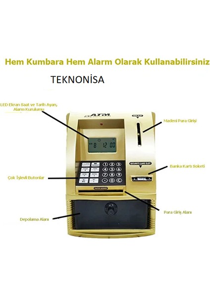 Şifreli Kumbara Atm Şekilli Kasa Hesap Makinesi Sesli Komut LCD Ekran Saat Takvim Alarm