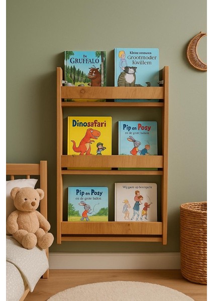 Çocuk Odası Duvar Kitaplığı, 3 Katlı, Ceviz Renkli, Mdf, Dekoratif Duvara Monte Kitaplık