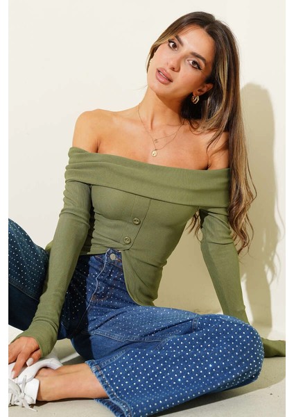 Yzlal Madonna Yaka Düğmeli Bluz Yeşil T4329 (Beden: Xl)