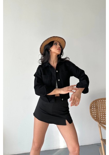 Yzlal Çift Cepli Kol Katlamalı Süper Taş Enzim Yıkamalı Crop Kot Ceket Siyah D2000 (Beden: S) fırsatları