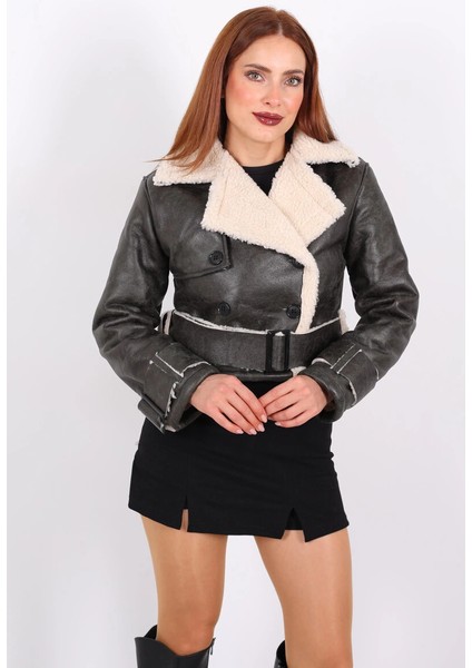 Yzlal Kürklü Suni Deri Kemerli Haki Kadın Kısa Mont T1256 (Beden: Xl) fiyatları