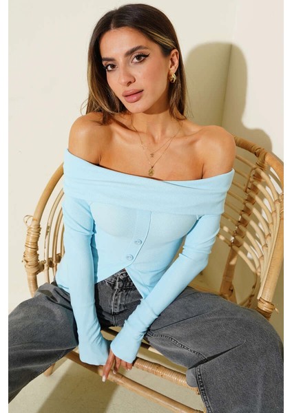 Yzlal Madonna Yaka Düğmeli Bluz Mavi T4329 (Beden: M)