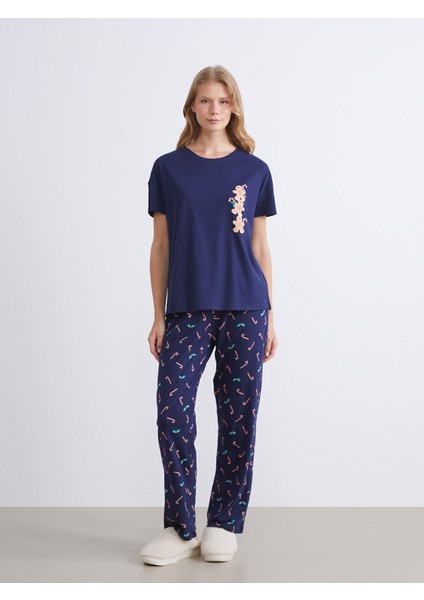 Yeni Sezon Bisiklet Yaka Baskılı Kadın Pijama Takımı