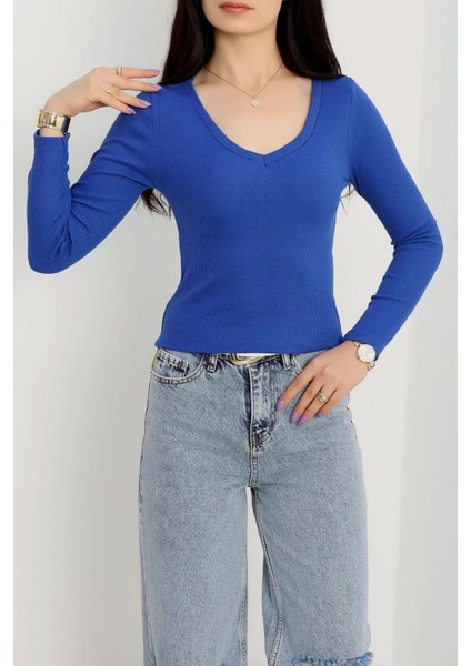 Yzlal V Yaka Kaşkorse Bluz Saks Mavisi A3699 (Beden: S)