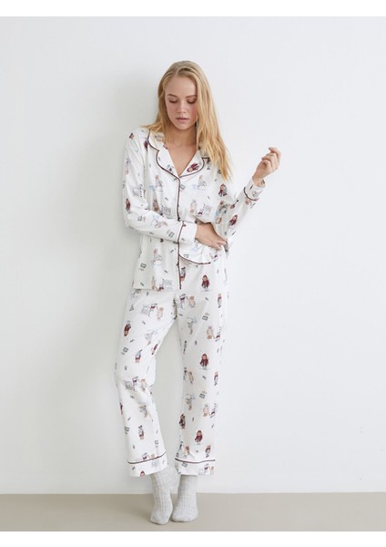 Yeni Sezon Gömlek Yaka Yılbaşı Temalı Kadın Pijama Takımı
