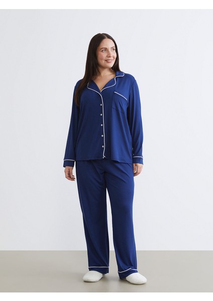 Yeni Sezon Büyük Beden Gömlek Yaka Kadın Pijama Takımı