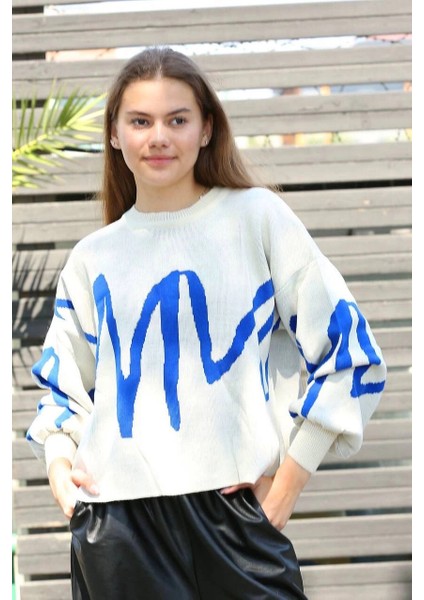 Yzlal Mavi Çizgili Bisiklet Yaka Kazak Beyaz (Beden: Standart)