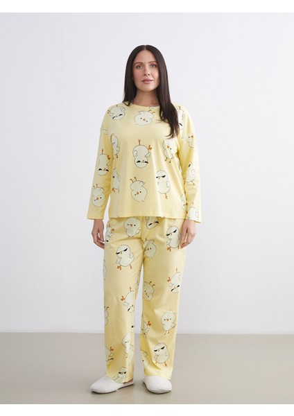 Yeni Sezon Büyük Beden Civciv Baskılı Kadın Pijama Takımı