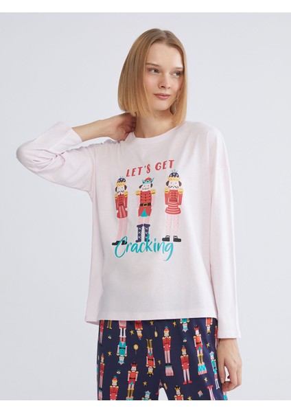 Yeni Sezon Bisiklet Yaka Baskılı Kadın Pijama Takımı