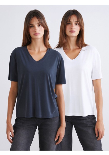 Yeni Sezon V Yaka Modal Karışımlı Kadın Tişört 2'li