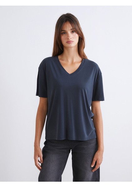 Yeni Sezon V Yaka Modal Karışımlı Kadın Tişört 2'li modelleri