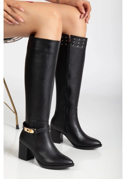 Yzlal Jeoli Siyah Cilt Topuklu Çizme (Numara: 36)